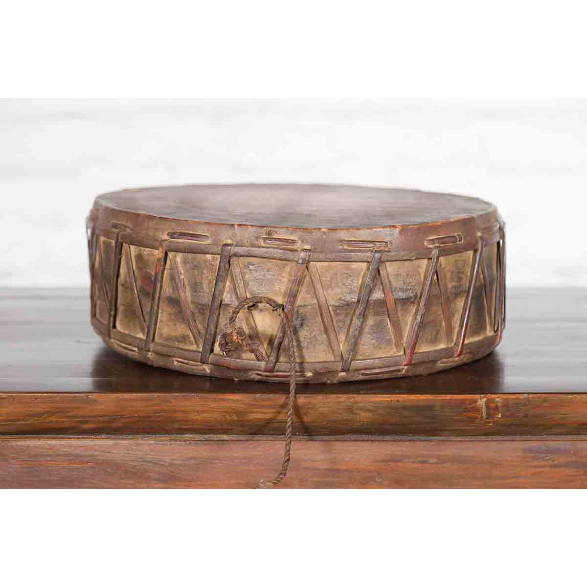 Nepalese Antique Leather Hand Drum with Carved Wooden Handle-8. Asian & Chinese Furniture, Art, Antiques, Vintage Home Décor for sale at FEA Home