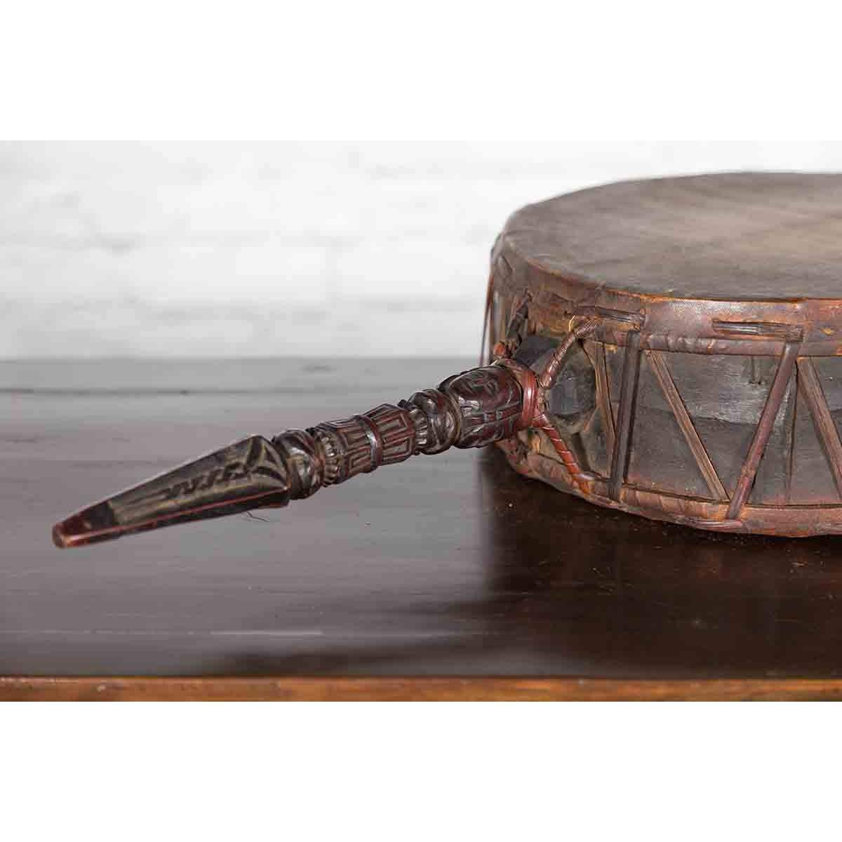 Nepalese Antique Leather Hand Drum with Carved Wooden Handle-10. Asian & Chinese Furniture, Art, Antiques, Vintage Home Décor for sale at FEA Home