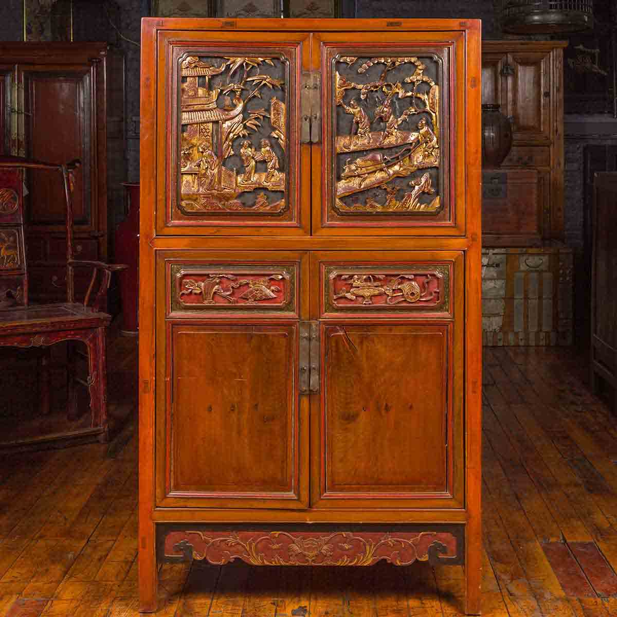 Chinese Ming Dynasty Style Cabinet with Gilt Carved Court and Work Scenes-2. Asian & Chinese Furniture, Art, Antiques, Vintage Home Décor for sale at FEA Home