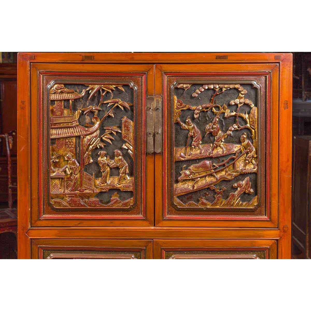 Chinese Ming Dynasty Style Cabinet with Gilt Carved Court and Work Scenes-4. Asian & Chinese Furniture, Art, Antiques, Vintage Home Décor for sale at FEA Home