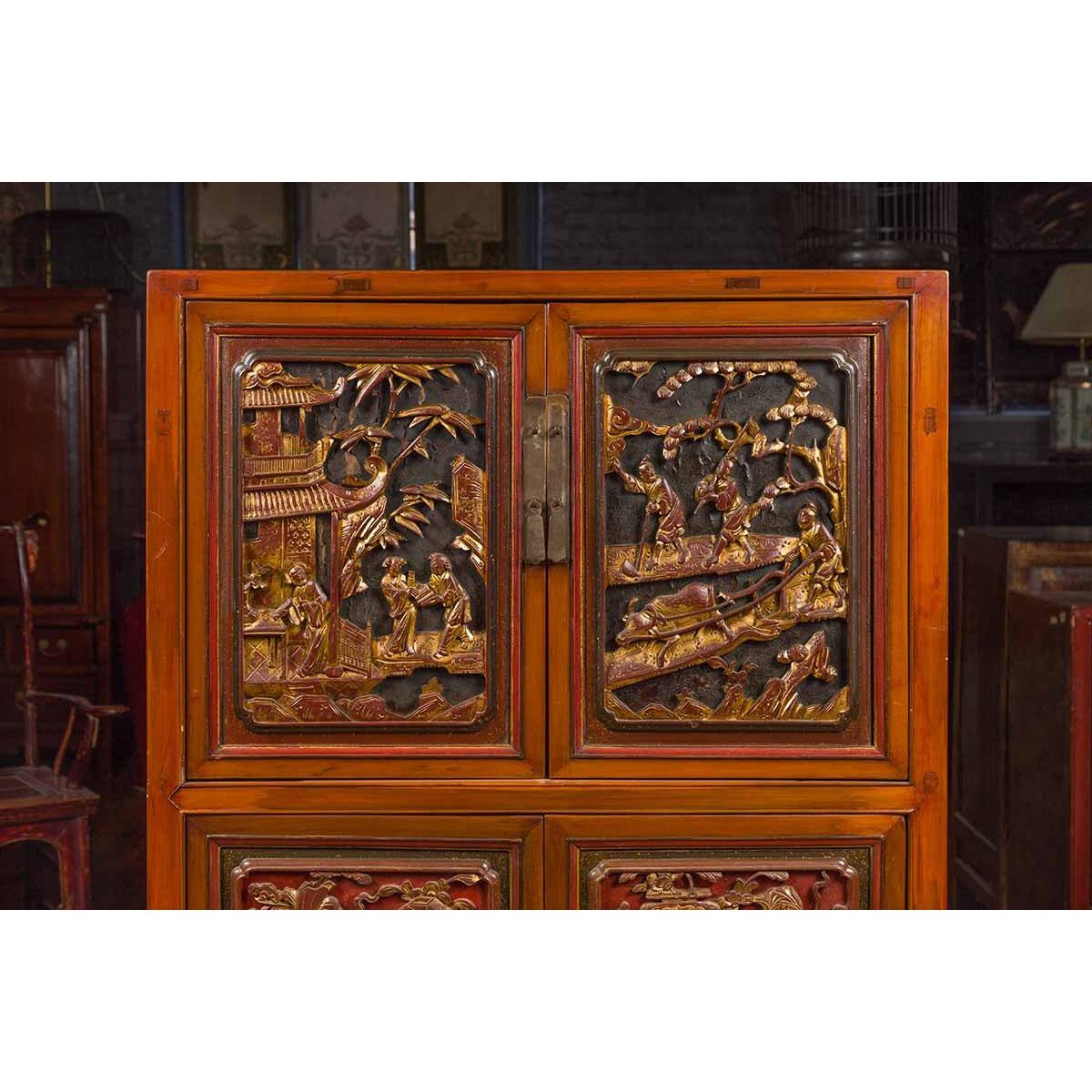 Chinese Ming Dynasty Style Cabinet with Gilt Carved Court and Work Scenes-3. Asian & Chinese Furniture, Art, Antiques, Vintage Home Décor for sale at FEA Home