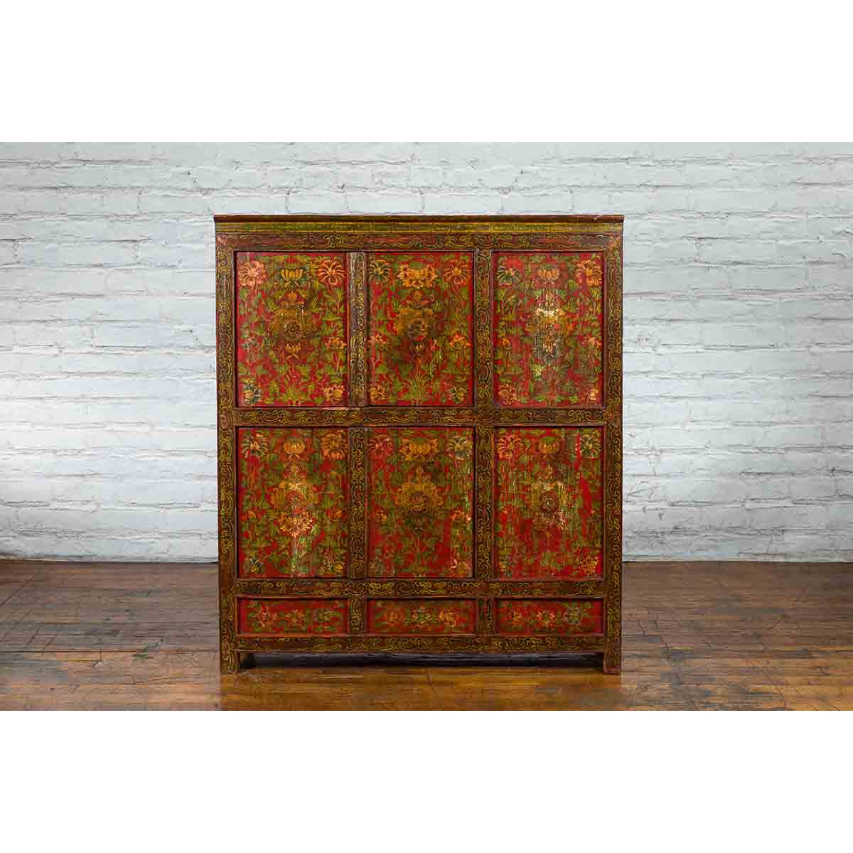 Tibetan 19th Century Cabinet with Hand-Painted Floral Décor on Red Ground-3. Asian & Chinese Furniture, Art, Antiques, Vintage Home Décor for sale at FEA Home