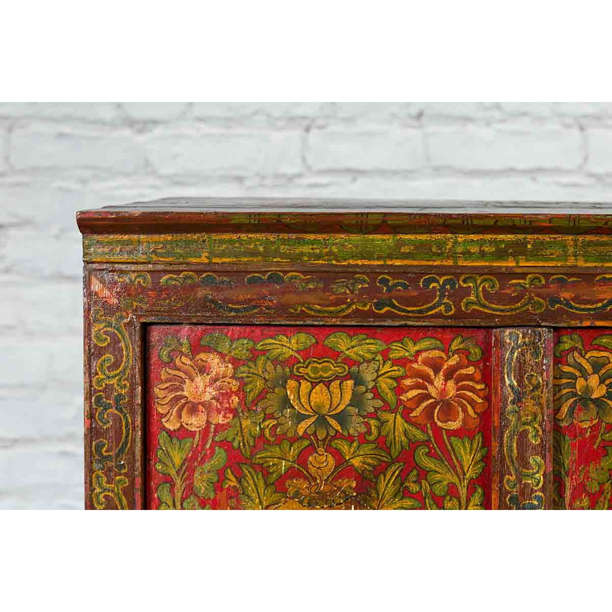Tibetan 19th Century Cabinet with Hand-Painted Floral Décor on Red Ground-7. Asian & Chinese Furniture, Art, Antiques, Vintage Home Décor for sale at FEA Home