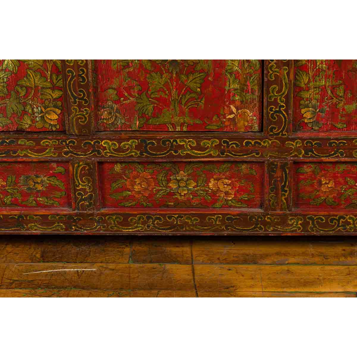 Tibetan 19th Century Cabinet with Hand-Painted Floral Décor on Red Ground-9. Asian & Chinese Furniture, Art, Antiques, Vintage Home Décor for sale at FEA Home