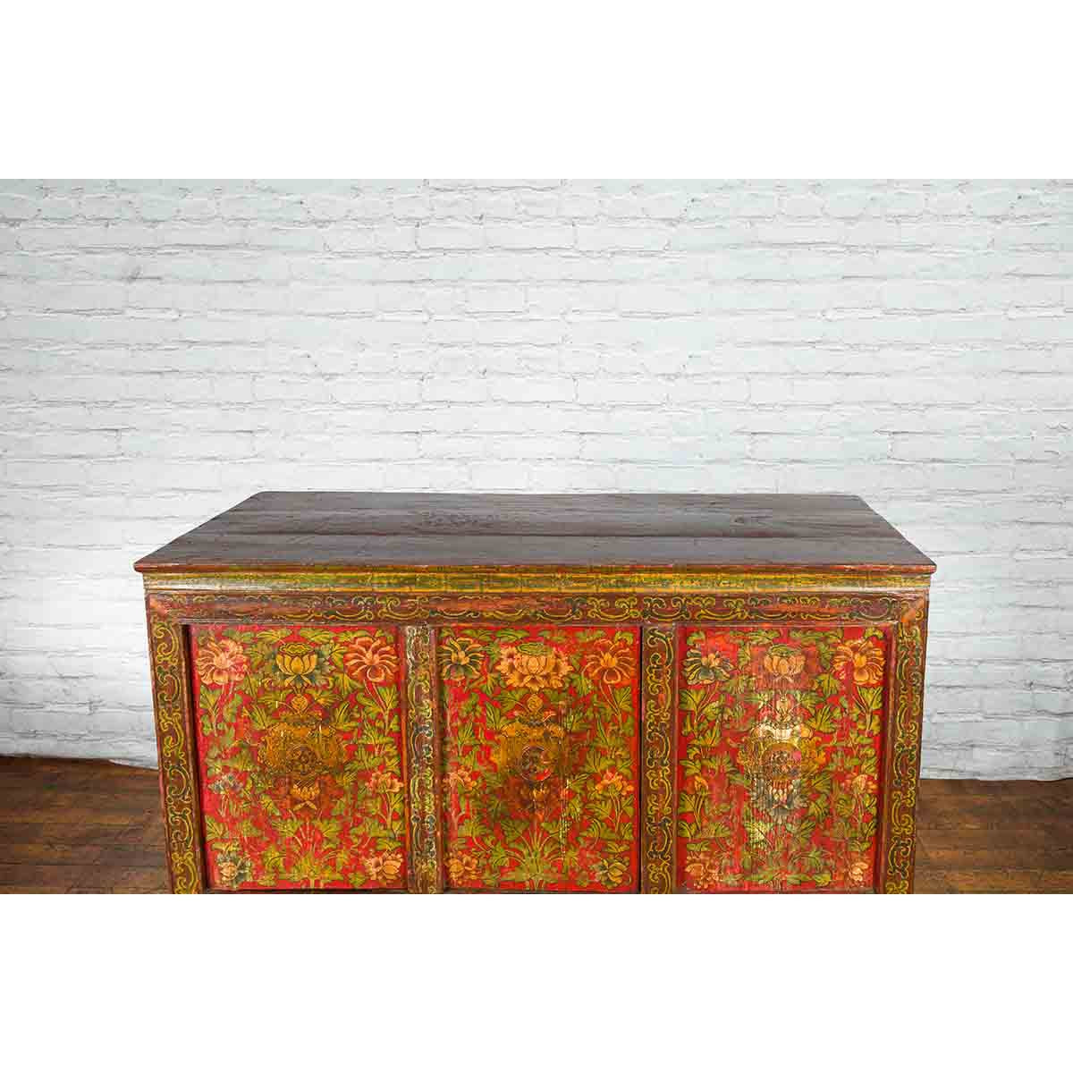 Tibetan 19th Century Cabinet with Hand-Painted Floral Décor on Red Ground-10. Asian & Chinese Furniture, Art, Antiques, Vintage Home Décor for sale at FEA Home