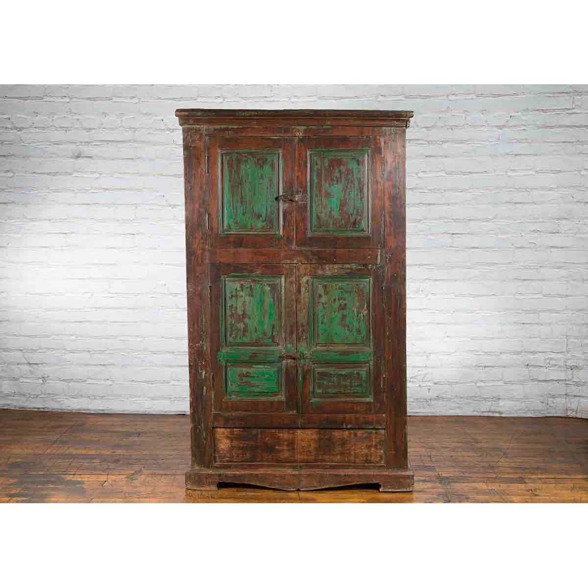 19th Century Goan Cabinet with Pairs of Double Doors and Green Painted Panels-3. Asian & Chinese Furniture, Art, Antiques, Vintage Home Décor for sale at FEA Home