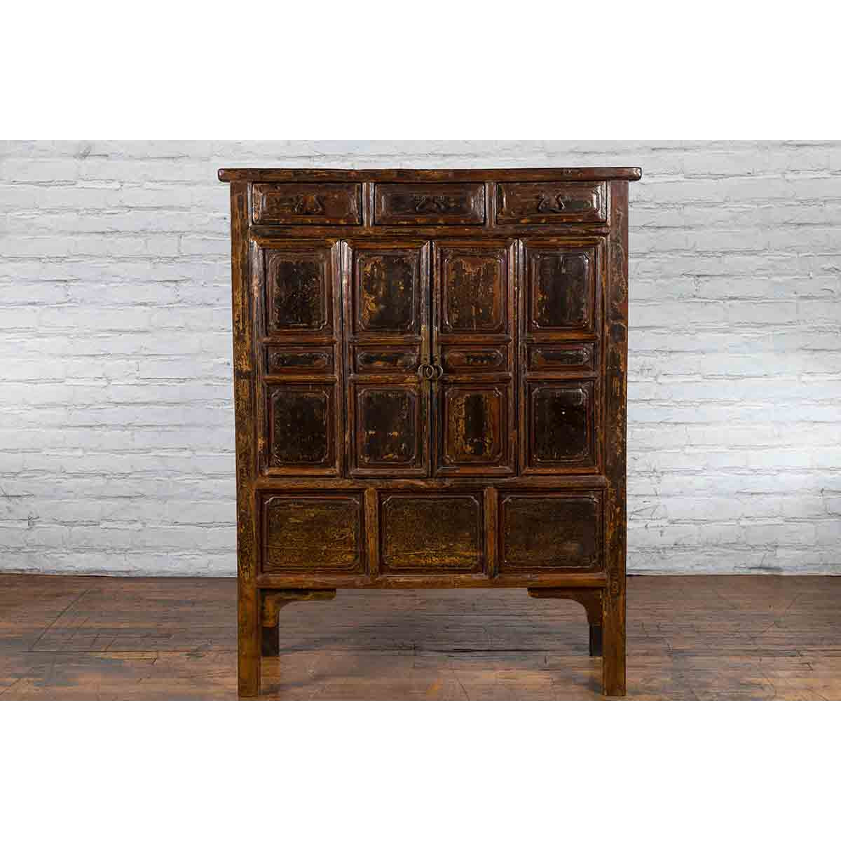 Qing Dynasty 1800s Brown Lacquered Chinese Cabinet with Doors and Drawers-15. Asian & Chinese Furniture, Art, Antiques, Vintage Home Décor for sale at FEA Home