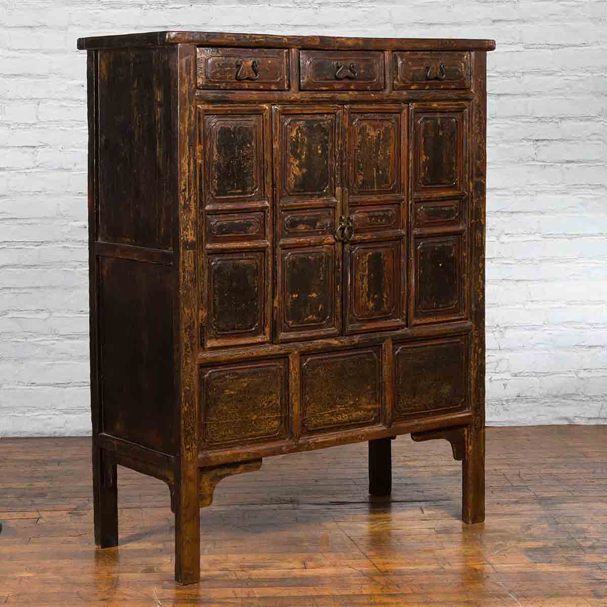 Qing Dynasty 1800s Brown Lacquered Chinese Cabinet with Doors and Drawers-2. Asian & Chinese Furniture, Art, Antiques, Vintage Home Décor for sale at FEA Home