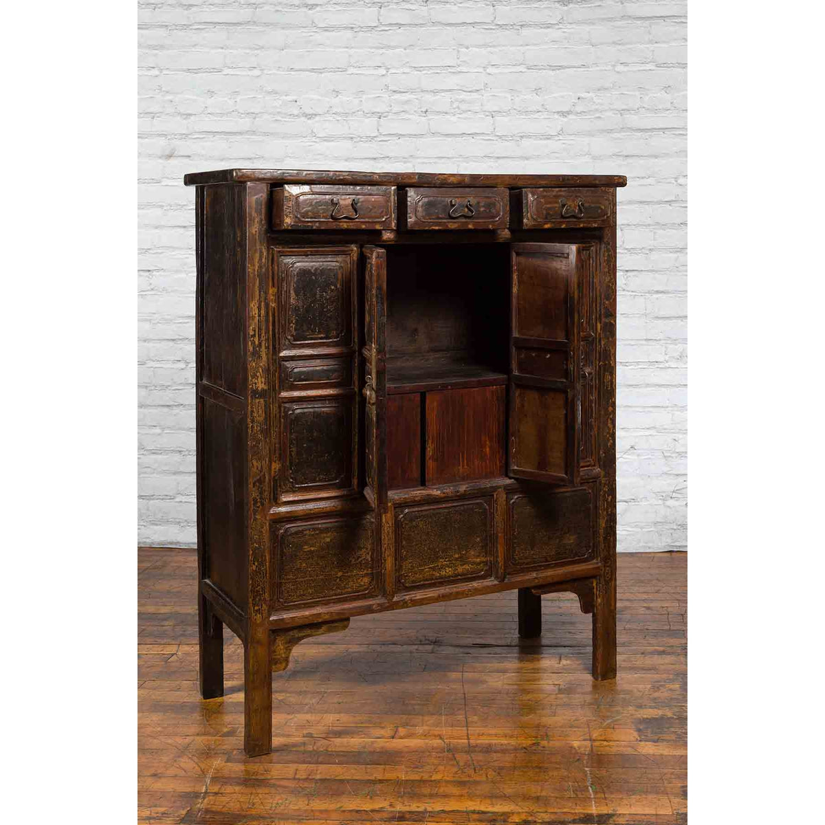Qing Dynasty 1800s Brown Lacquered Chinese Cabinet with Doors and Drawers-4. Asian & Chinese Furniture, Art, Antiques, Vintage Home Décor for sale at FEA Home