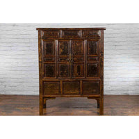 Qing Dynasty 1800s Brown Lacquered Chinese Cabinet with Doors and Drawers