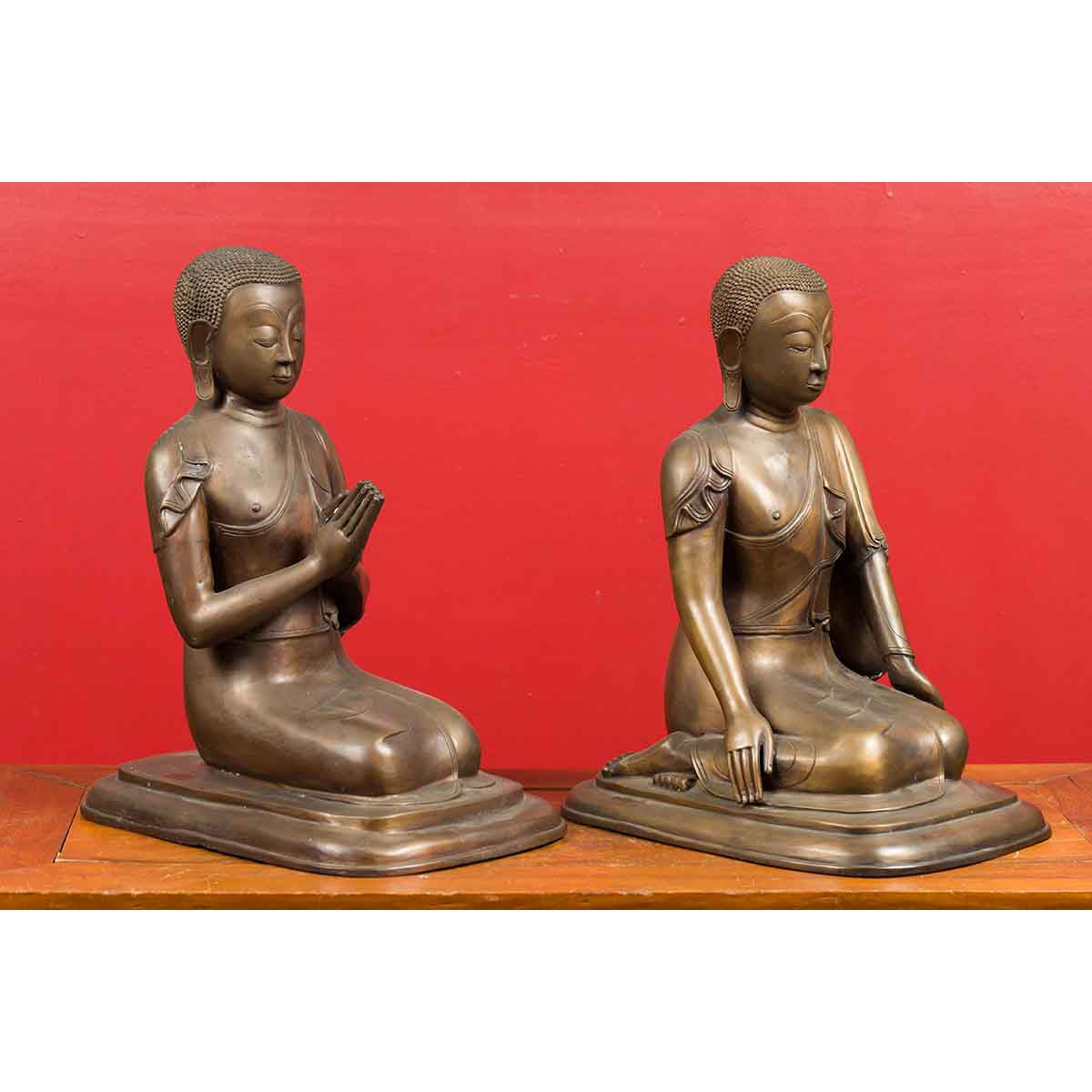 Pair of Burmese 20th Century Bronze Statues of Kneeling Buddhist Disciples-11. Asian & Chinese Furniture, Art, Antiques, Vintage Home Décor for sale at FEA Home