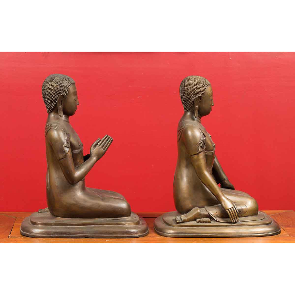 Pair of Burmese 20th Century Bronze Statues of Kneeling Buddhist Disciples-12. Asian & Chinese Furniture, Art, Antiques, Vintage Home Décor for sale at FEA Home
