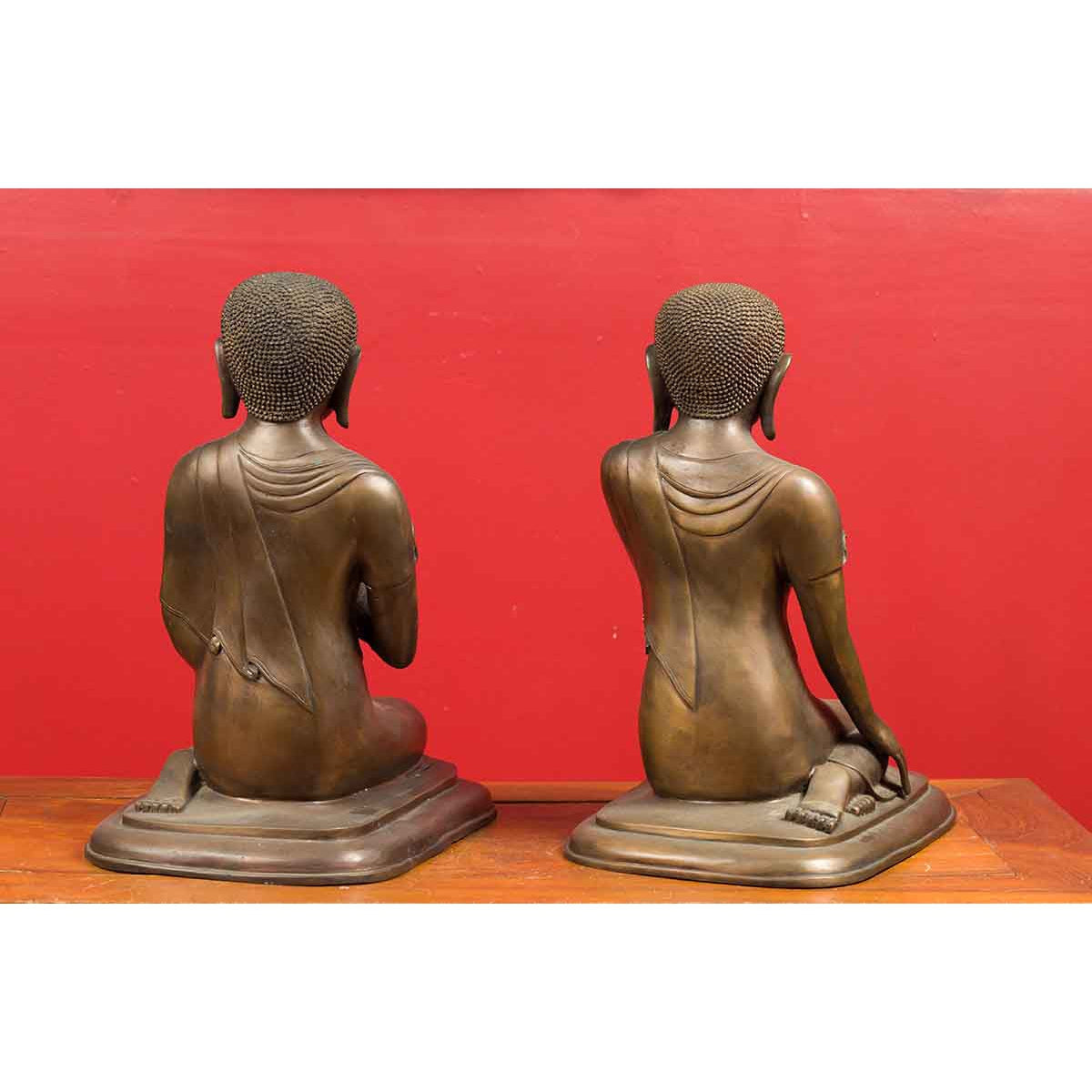 Pair of Burmese 20th Century Bronze Statues of Kneeling Buddhist Disciples-13. Asian & Chinese Furniture, Art, Antiques, Vintage Home Décor for sale at FEA Home