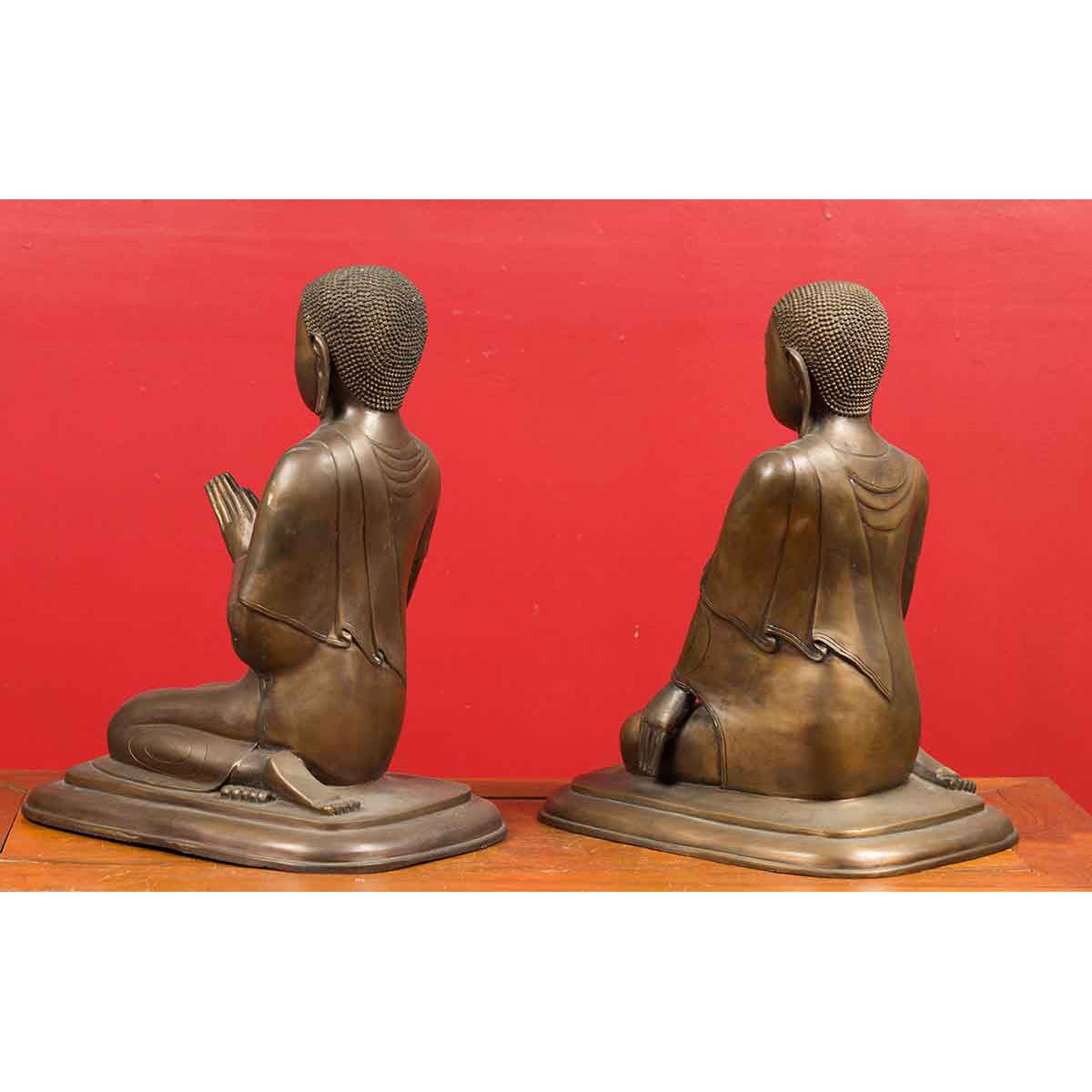 Pair of Burmese 20th Century Bronze Statues of Kneeling Buddhist Disciples-14. Asian & Chinese Furniture, Art, Antiques, Vintage Home Décor for sale at FEA Home