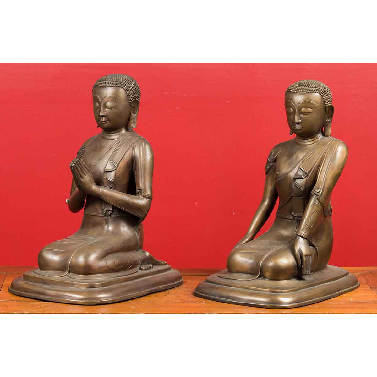 Pair of Burmese 20th Century Bronze Statues of Kneeling Buddhist Disciples-16. Asian & Chinese Furniture, Art, Antiques, Vintage Home Décor for sale at FEA Home