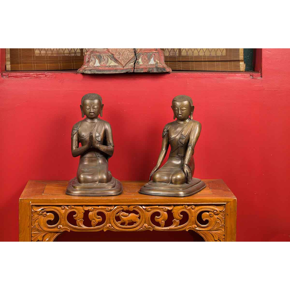 Pair of Burmese 20th Century Bronze Statues of Kneeling Buddhist Disciples-3. Asian & Chinese Furniture, Art, Antiques, Vintage Home Décor for sale at FEA Home