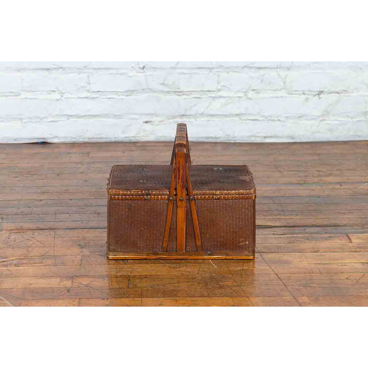 Chinese Early 20th Century Rattan Lunch Box with Tripartite Bamboo Handle-3. Asian & Chinese Furniture, Art, Antiques, Vintage Home Décor for sale at FEA Home