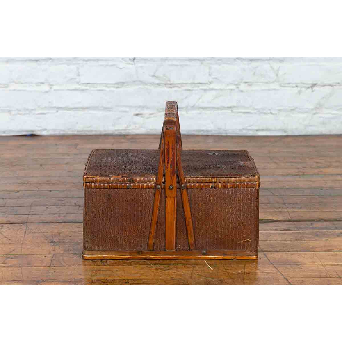 Chinese Early 20th Century Rattan Lunch Box with Tripartite Bamboo Handle-4. Asian & Chinese Furniture, Art, Antiques, Vintage Home Décor for sale at FEA Home