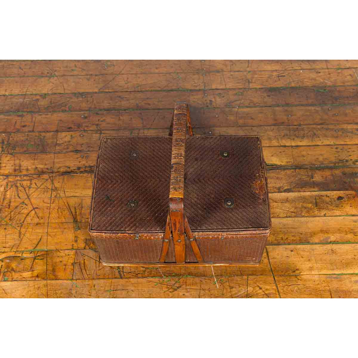 Chinese Early 20th Century Rattan Lunch Box with Tripartite Bamboo Handle-5. Asian & Chinese Furniture, Art, Antiques, Vintage Home Décor for sale at FEA Home