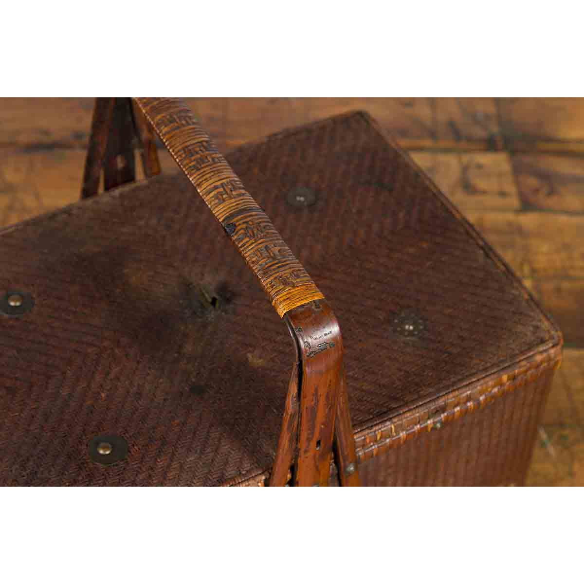 Chinese Early 20th Century Rattan Lunch Box with Tripartite Bamboo Handle-8. Asian & Chinese Furniture, Art, Antiques, Vintage Home Décor for sale at FEA Home