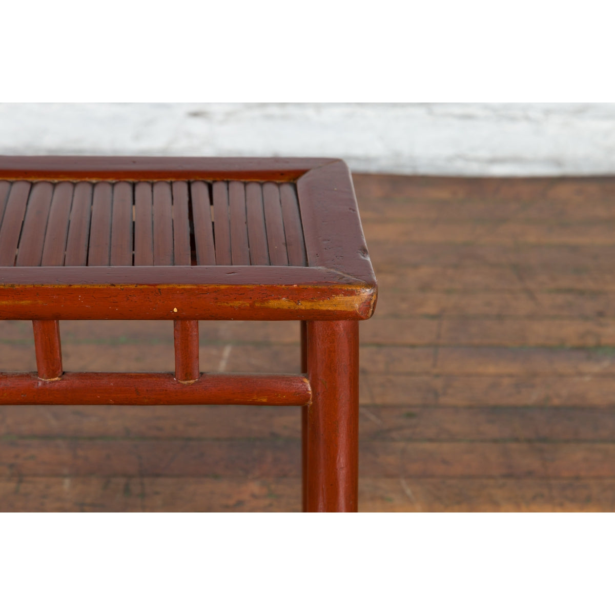 Chinese Rustic Early 20th Century Reddish Brown Lacquered Stool with Bamboo Seat-10. Asian & Chinese Furniture, Art, Antiques, Vintage Home Décor for sale at FEA Home