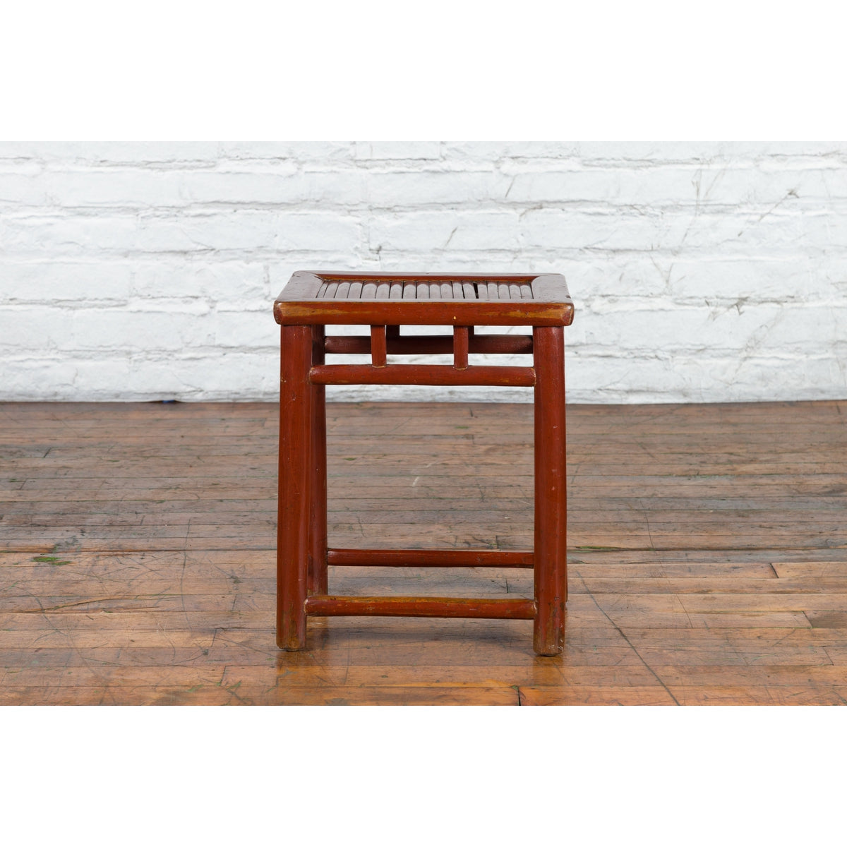 Chinese Rustic Early 20th Century Reddish Brown Lacquered Stool with Bamboo Seat-2. Asian & Chinese Furniture, Art, Antiques, Vintage Home Décor for sale at FEA Home
