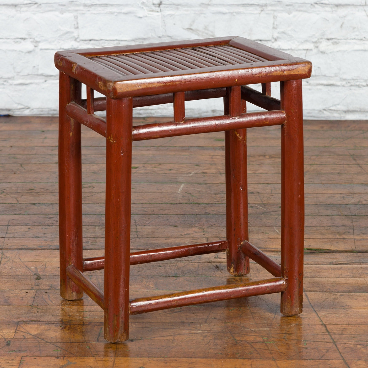 Chinese Rustic Early 20th Century Reddish Brown Lacquered Stool with Bamboo Seat-3. Asian & Chinese Furniture, Art, Antiques, Vintage Home Décor for sale at FEA Home