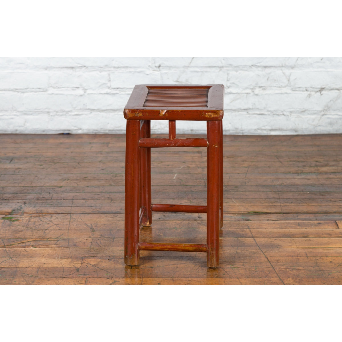 Chinese Rustic Early 20th Century Reddish Brown Lacquered Stool with Bamboo Seat-6. Asian & Chinese Furniture, Art, Antiques, Vintage Home Décor for sale at FEA Home