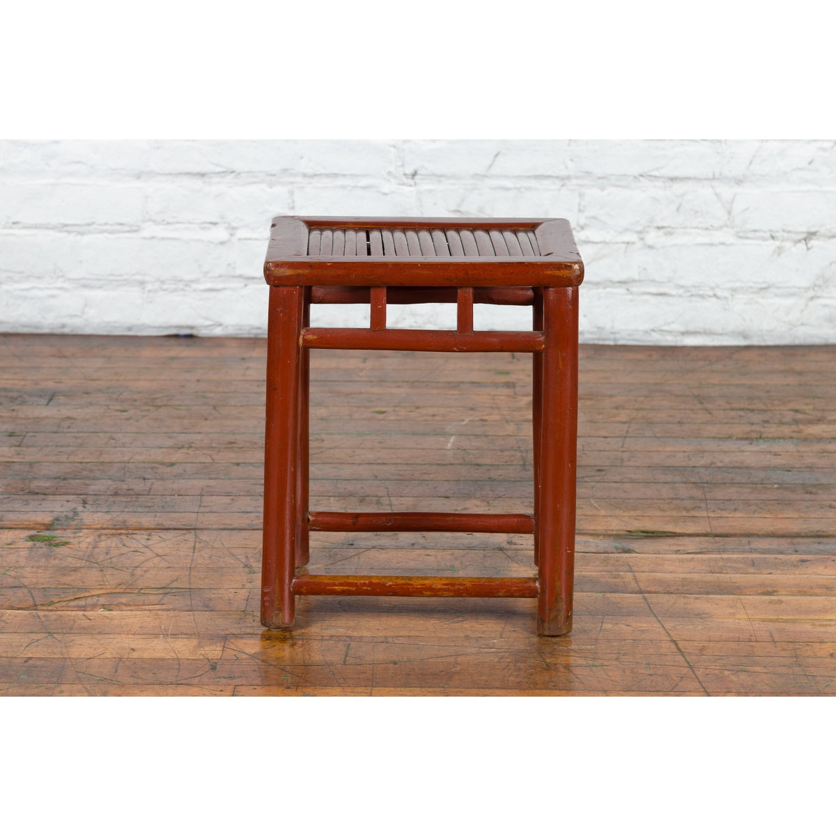 Chinese Rustic Early 20th Century Reddish Brown Lacquered Stool with Bamboo Seat-7. Asian & Chinese Furniture, Art, Antiques, Vintage Home Décor for sale at FEA Home