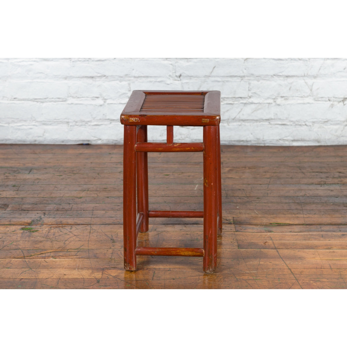 Chinese Rustic Early 20th Century Reddish Brown Lacquered Stool with Bamboo Seat-8. Asian & Chinese Furniture, Art, Antiques, Vintage Home Décor for sale at FEA Home