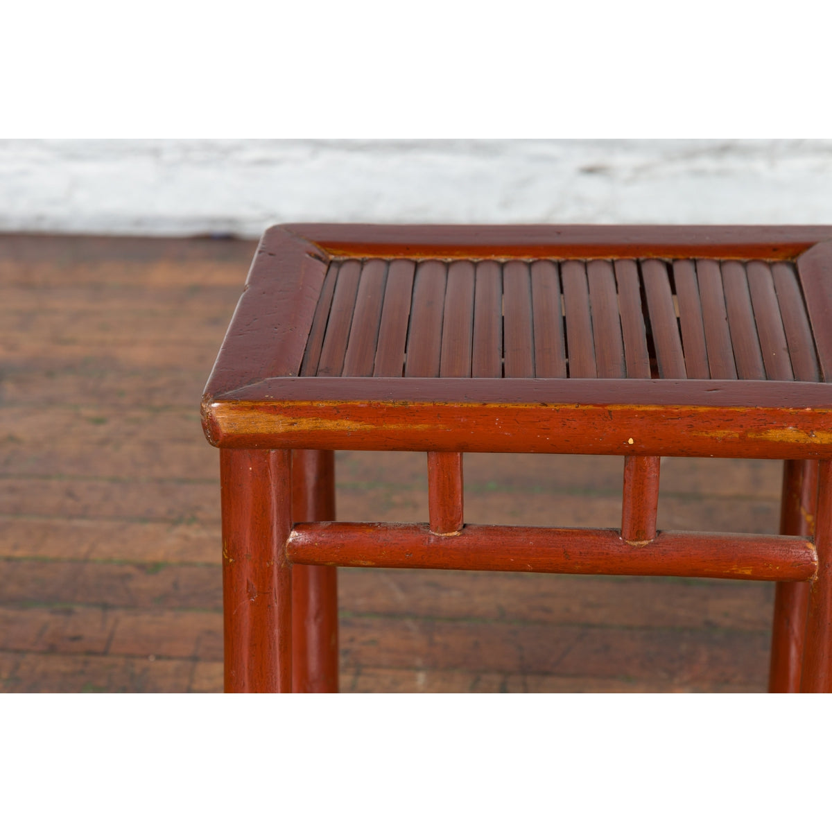Chinese Rustic Early 20th Century Reddish Brown Lacquered Stool with Bamboo Seat-9. Asian & Chinese Furniture, Art, Antiques, Vintage Home Décor for sale at FEA Home