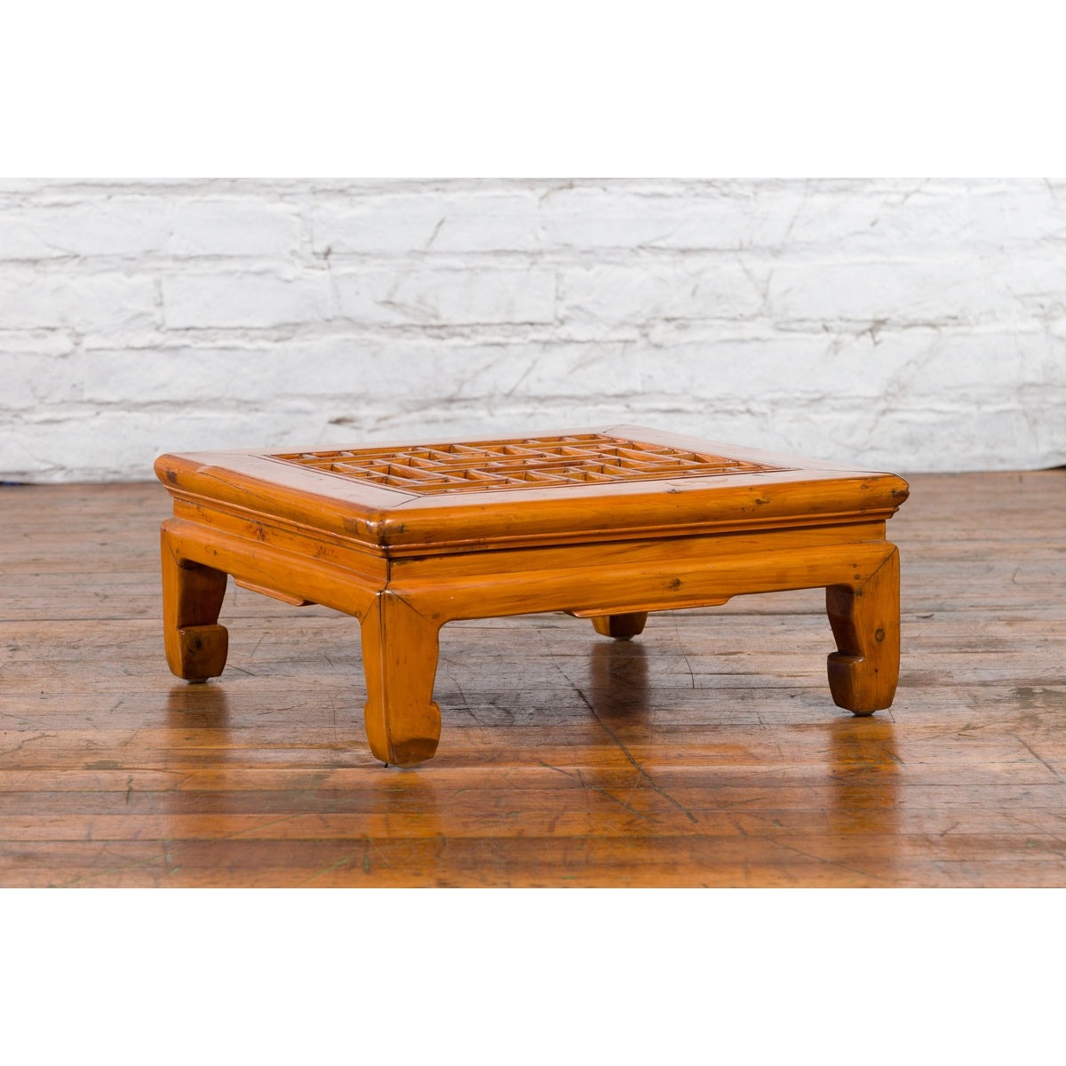 Chinese Vintage Ming Dynasty Style Elmwood Low Prayer Table with Fretwork Top-7. Asian & Chinese Furniture, Art, Antiques, Vintage Home Décor for sale at FEA Home