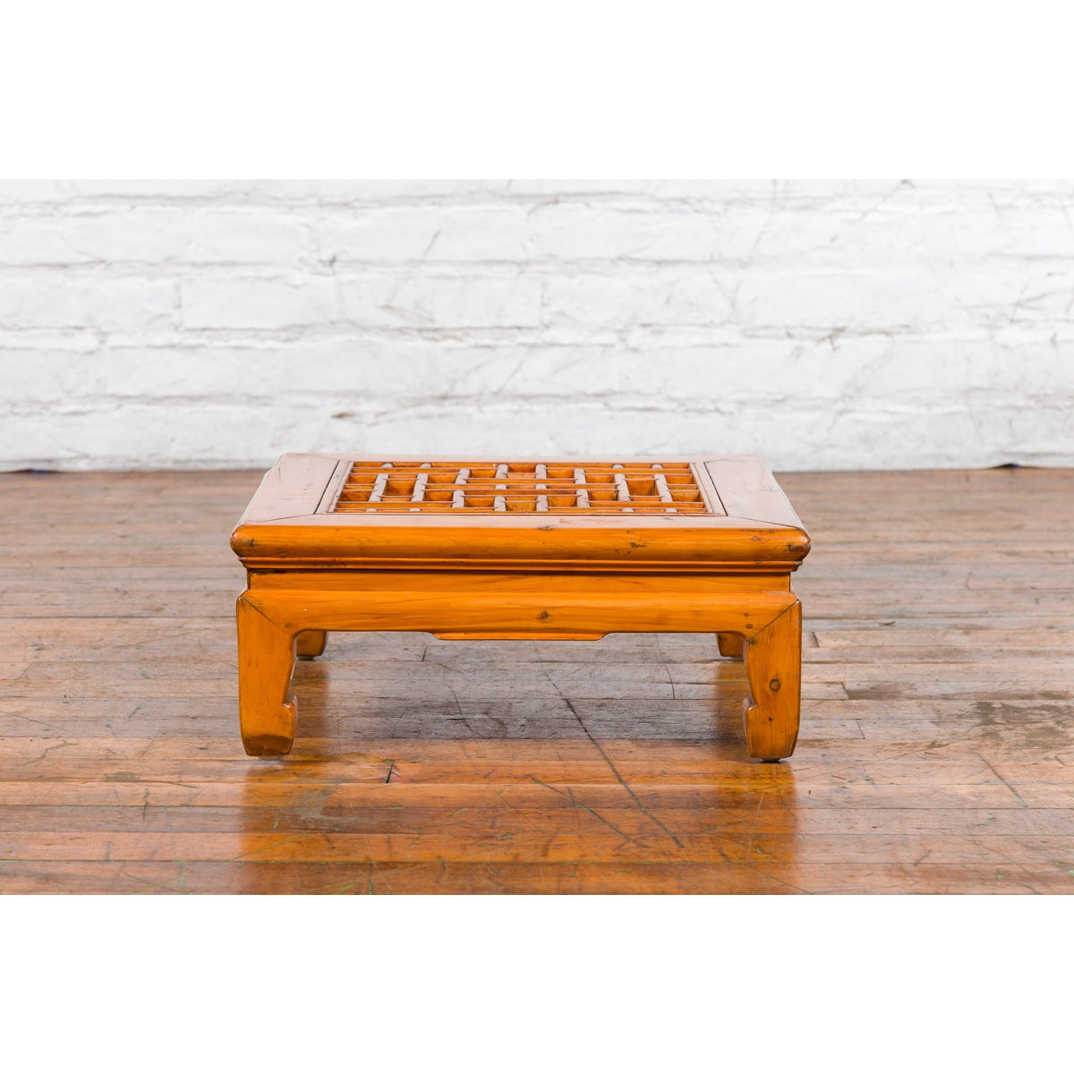 Chinese Vintage Ming Dynasty Style Elmwood Low Prayer Table with Fretwork Top-4. Asian & Chinese Furniture, Art, Antiques, Vintage Home Décor for sale at FEA Home