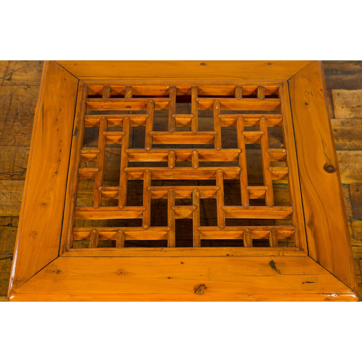 Chinese Vintage Ming Dynasty Style Elmwood Low Prayer Table with Fretwork Top-5. Asian & Chinese Furniture, Art, Antiques, Vintage Home Décor for sale at FEA Home