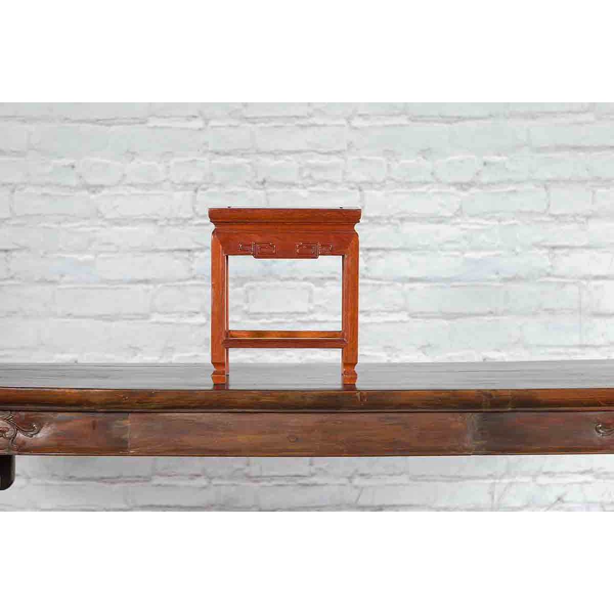 Chinese Vintage Small Stool with Scroll-Carved Apron and Side Stretchers-3. Asian & Chinese Furniture, Art, Antiques, Vintage Home Décor for sale at FEA Home