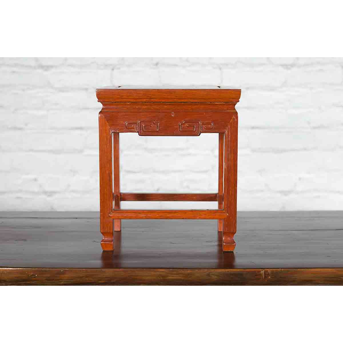 Chinese Vintage Small Stool with Scroll-Carved Apron and Side Stretchers-11. Asian & Chinese Furniture, Art, Antiques, Vintage Home Décor for sale at FEA Home