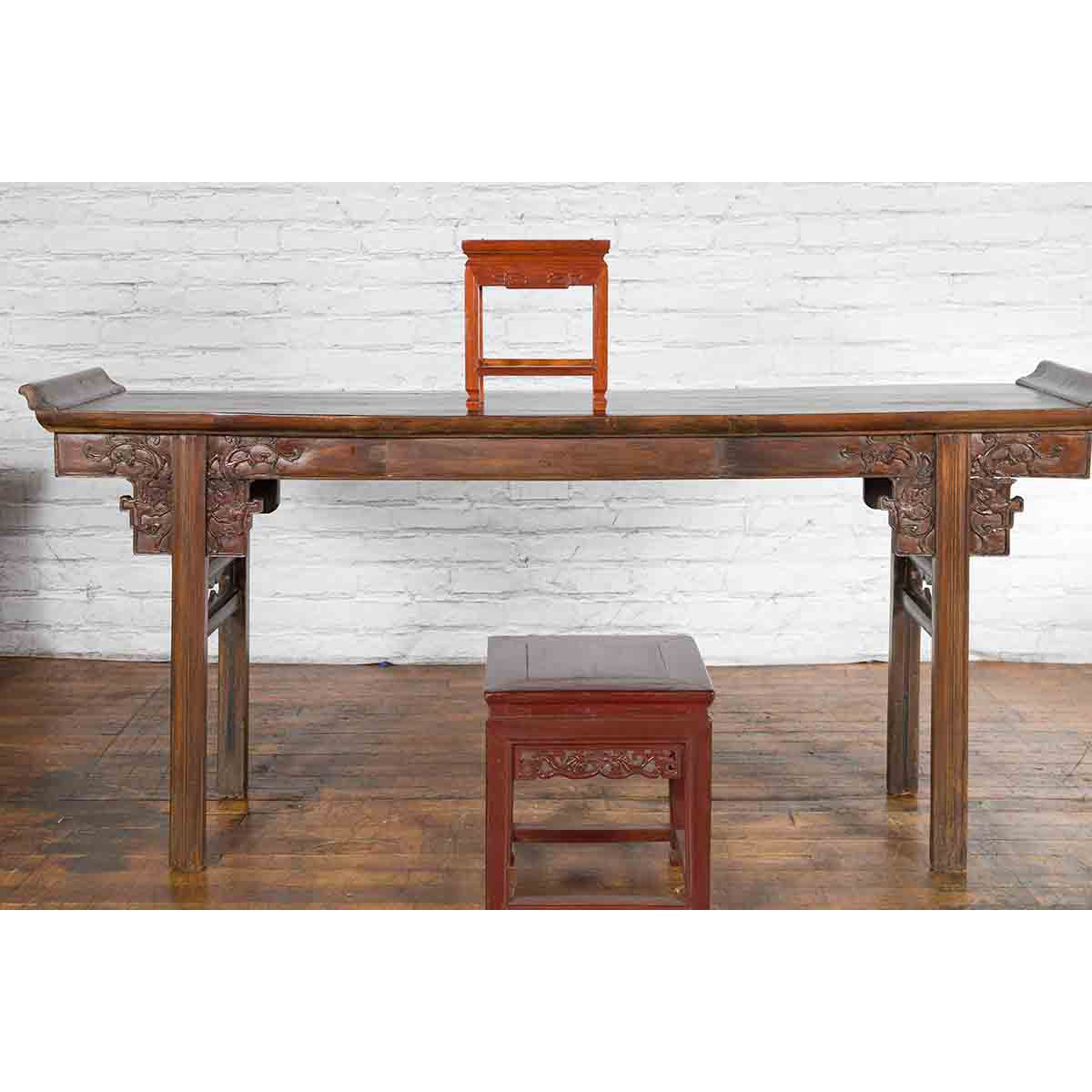 Chinese Vintage Small Stool with Scroll-Carved Apron and Side Stretchers-4. Asian & Chinese Furniture, Art, Antiques, Vintage Home Décor for sale at FEA Home