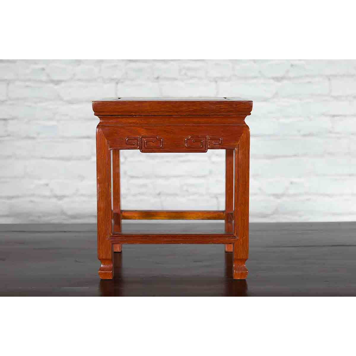 Chinese Vintage Small Stool with Scroll-Carved Apron and Side Stretchers-5. Asian & Chinese Furniture, Art, Antiques, Vintage Home Décor for sale at FEA Home