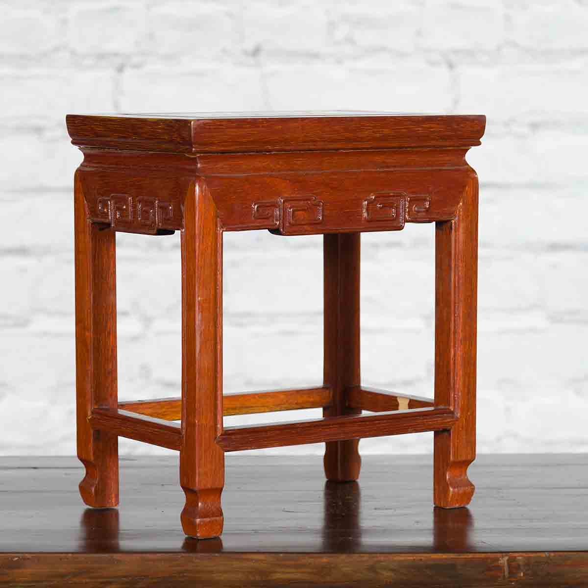 Chinese Vintage Small Stool with Scroll-Carved Apron and Side Stretchers-2. Asian & Chinese Furniture, Art, Antiques, Vintage Home Décor for sale at FEA Home
