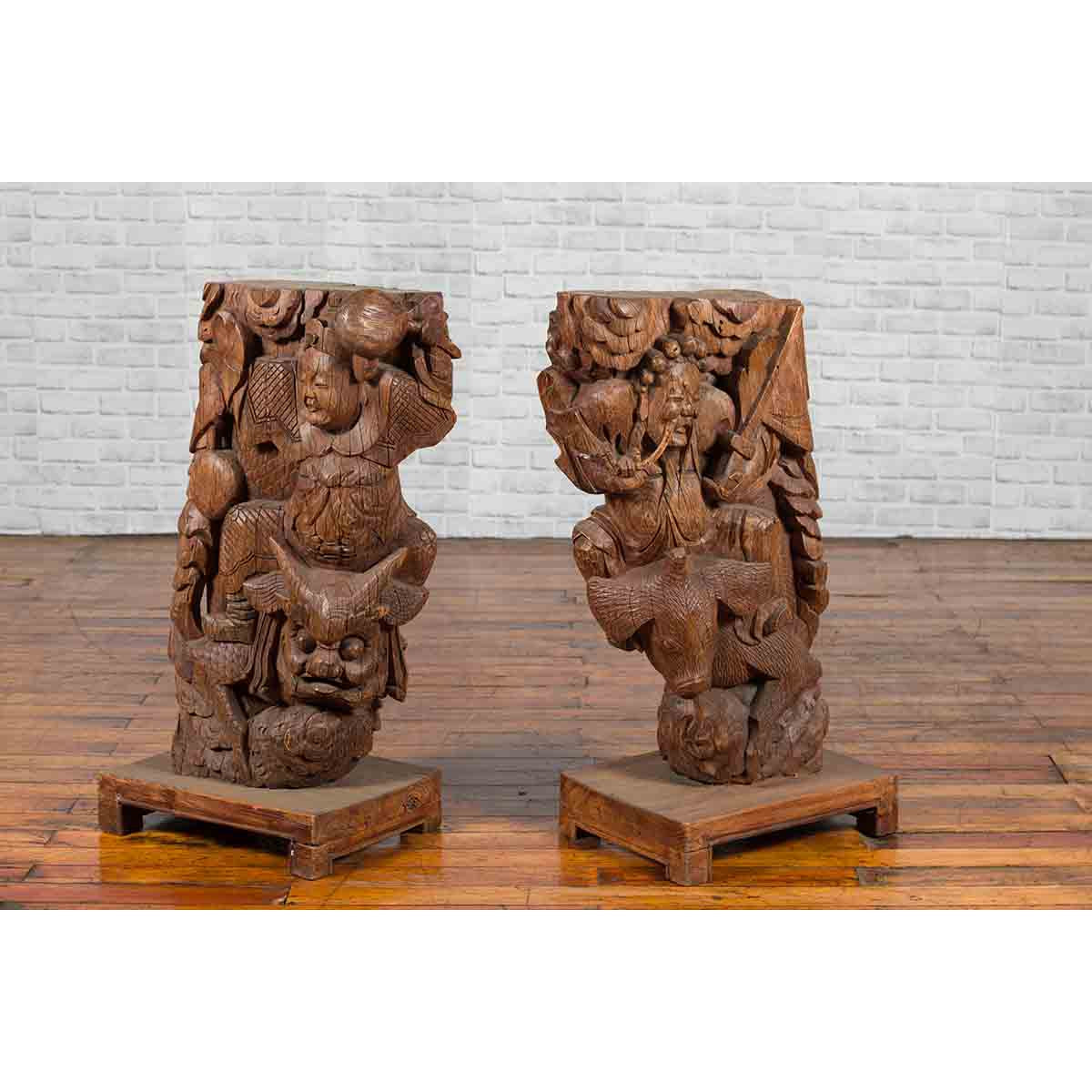 Pair of Chinese 19th Century Hand Carved Wooden Temple Corbels with Warriors-12. Asian & Chinese Furniture, Art, Antiques, Vintage Home Décor for sale at FEA Home