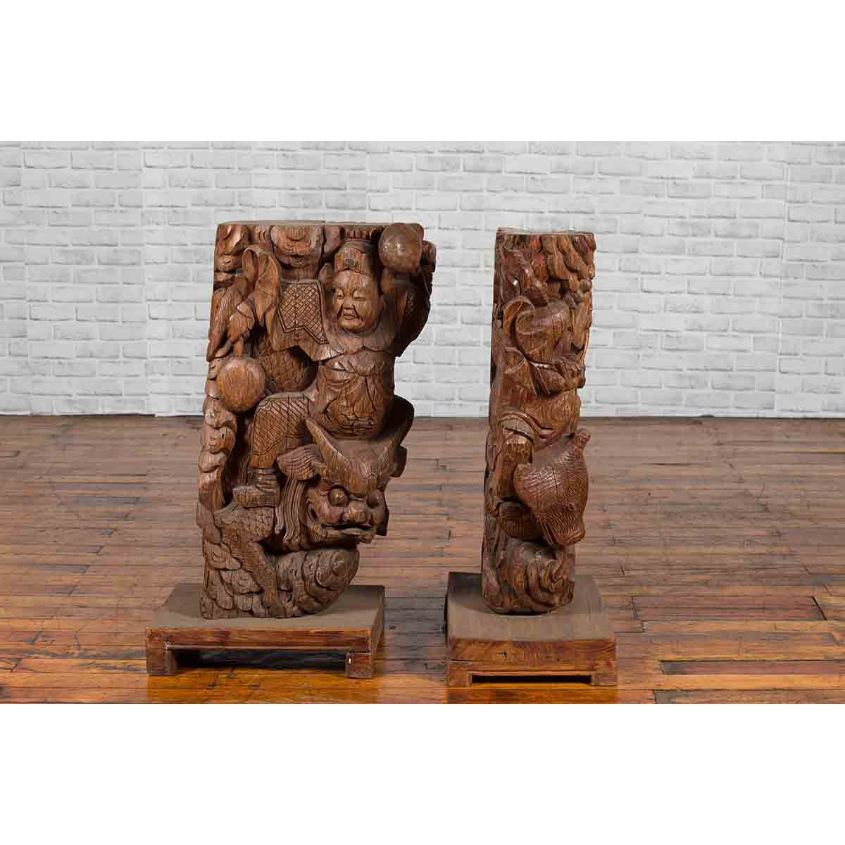 Pair of Chinese 19th Century Hand Carved Wooden Temple Corbels with Warriors-13. Asian & Chinese Furniture, Art, Antiques, Vintage Home Décor for sale at FEA Home