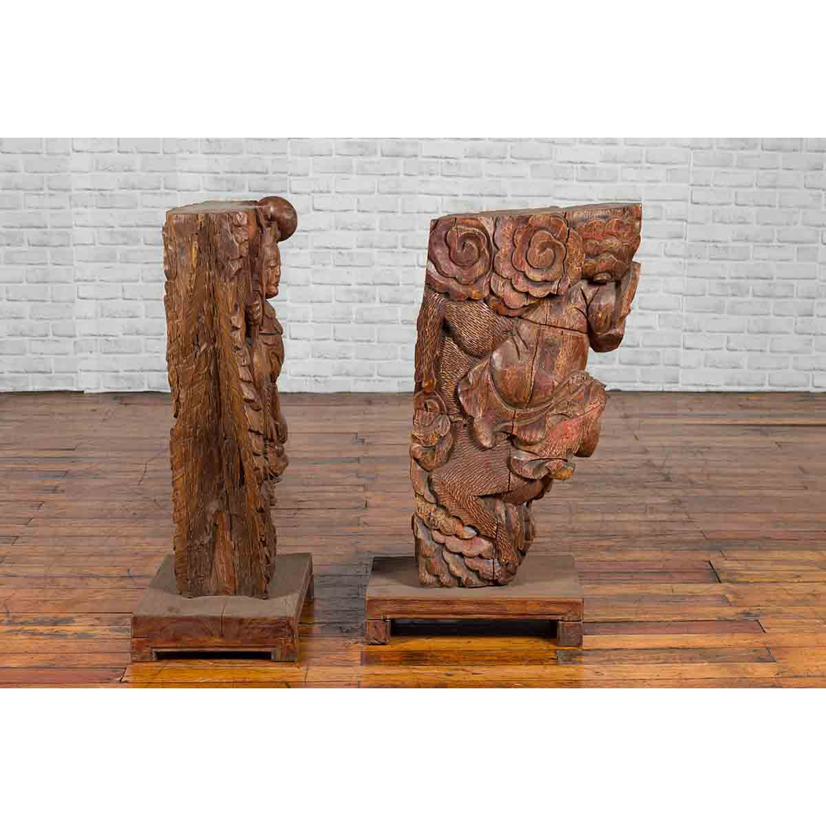 Pair of Chinese 19th Century Hand Carved Wooden Temple Corbels with Warriors-14. Asian & Chinese Furniture, Art, Antiques, Vintage Home Décor for sale at FEA Home