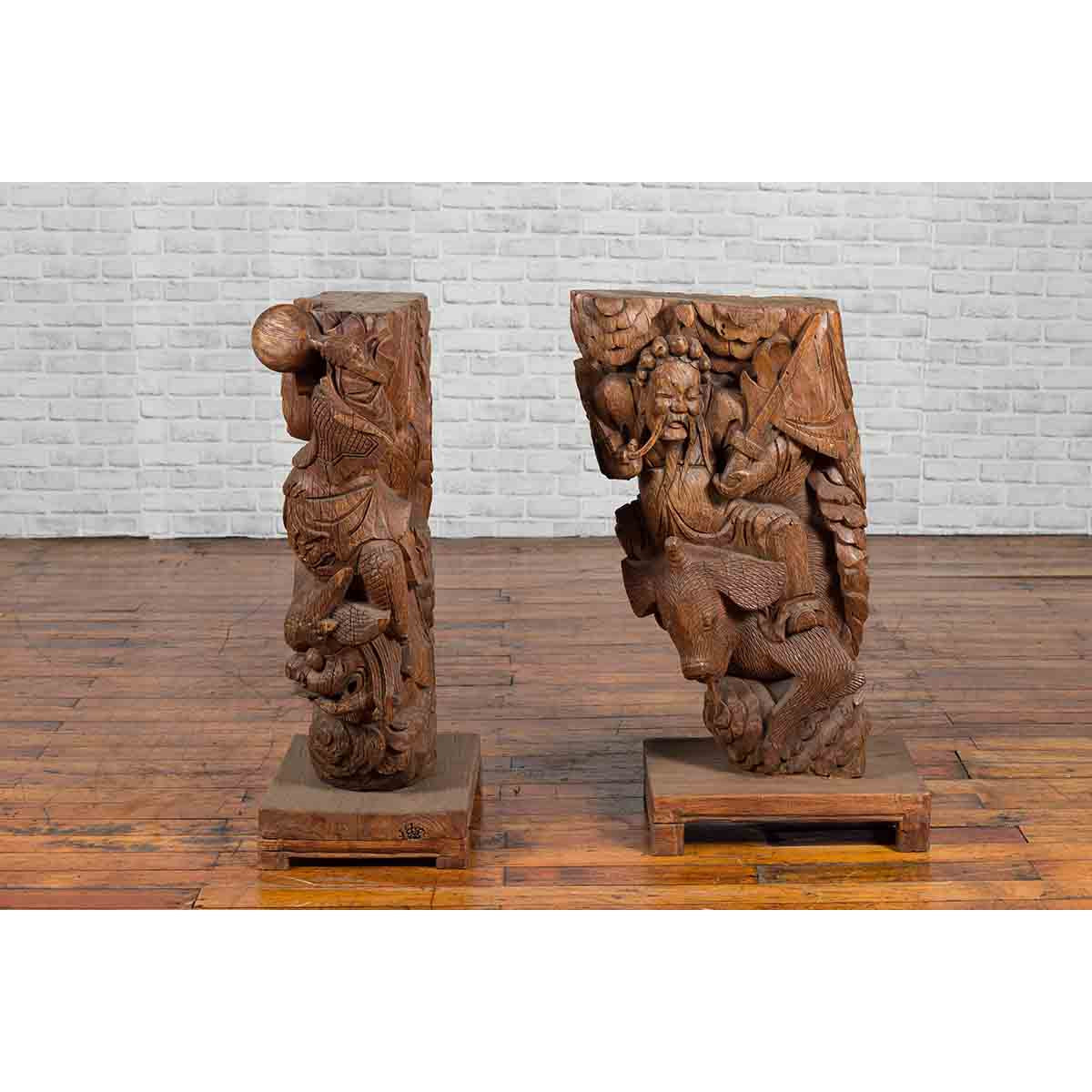 Pair of Chinese 19th Century Hand Carved Wooden Temple Corbels with Warriors-16. Asian & Chinese Furniture, Art, Antiques, Vintage Home Décor for sale at FEA Home