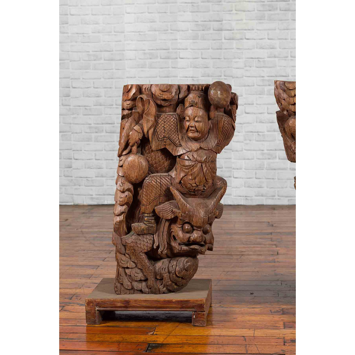 Pair of Chinese 19th Century Hand Carved Wooden Temple Corbels with Warriors-3. Asian & Chinese Furniture, Art, Antiques, Vintage Home Décor for sale at FEA Home