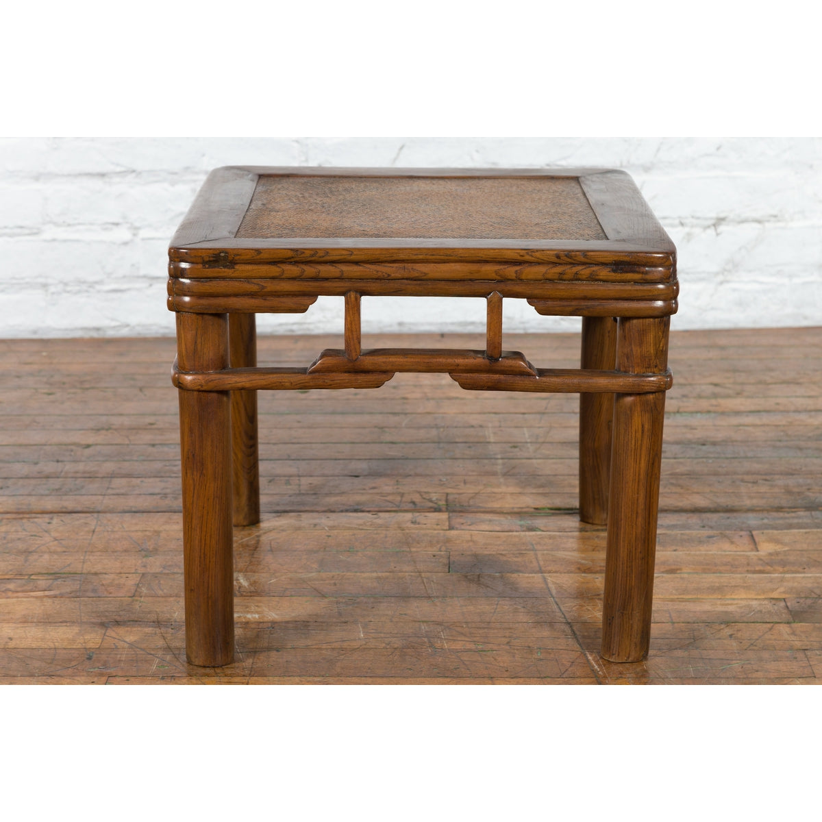 Chinese Qing Dynasty Early 20th Century Elmwood Side Table with Woven Rattan Top-4. Asian & Chinese Furniture, Art, Antiques, Vintage Home Décor for sale at FEA Home