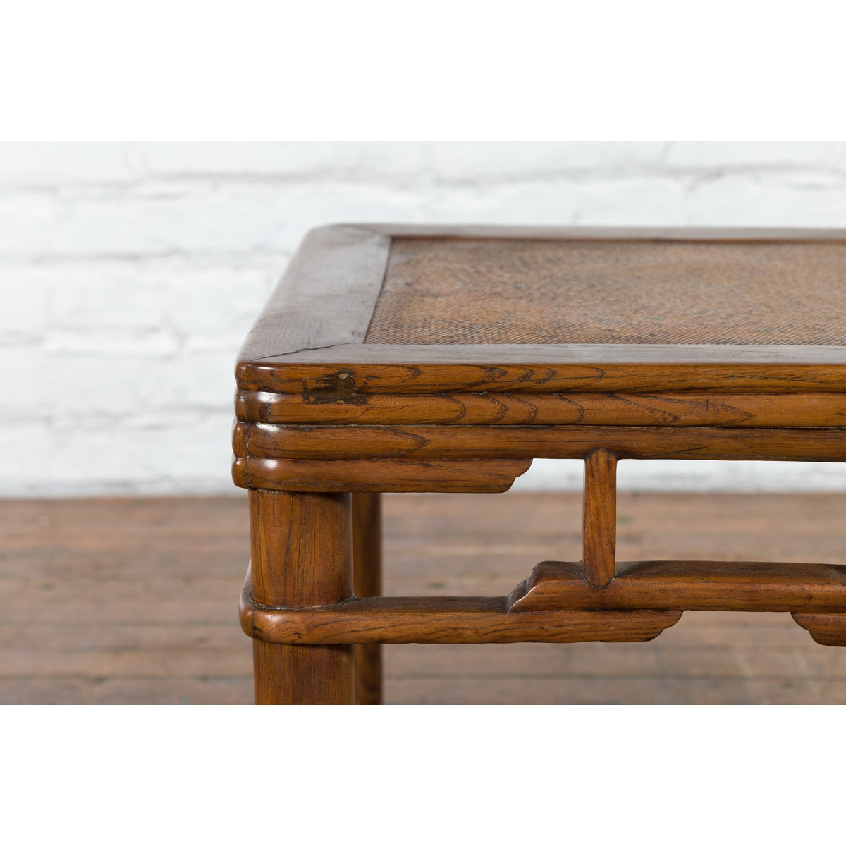 Chinese Qing Dynasty Early 20th Century Elmwood Side Table with Woven Rattan Top-6. Asian & Chinese Furniture, Art, Antiques, Vintage Home Décor for sale at FEA Home