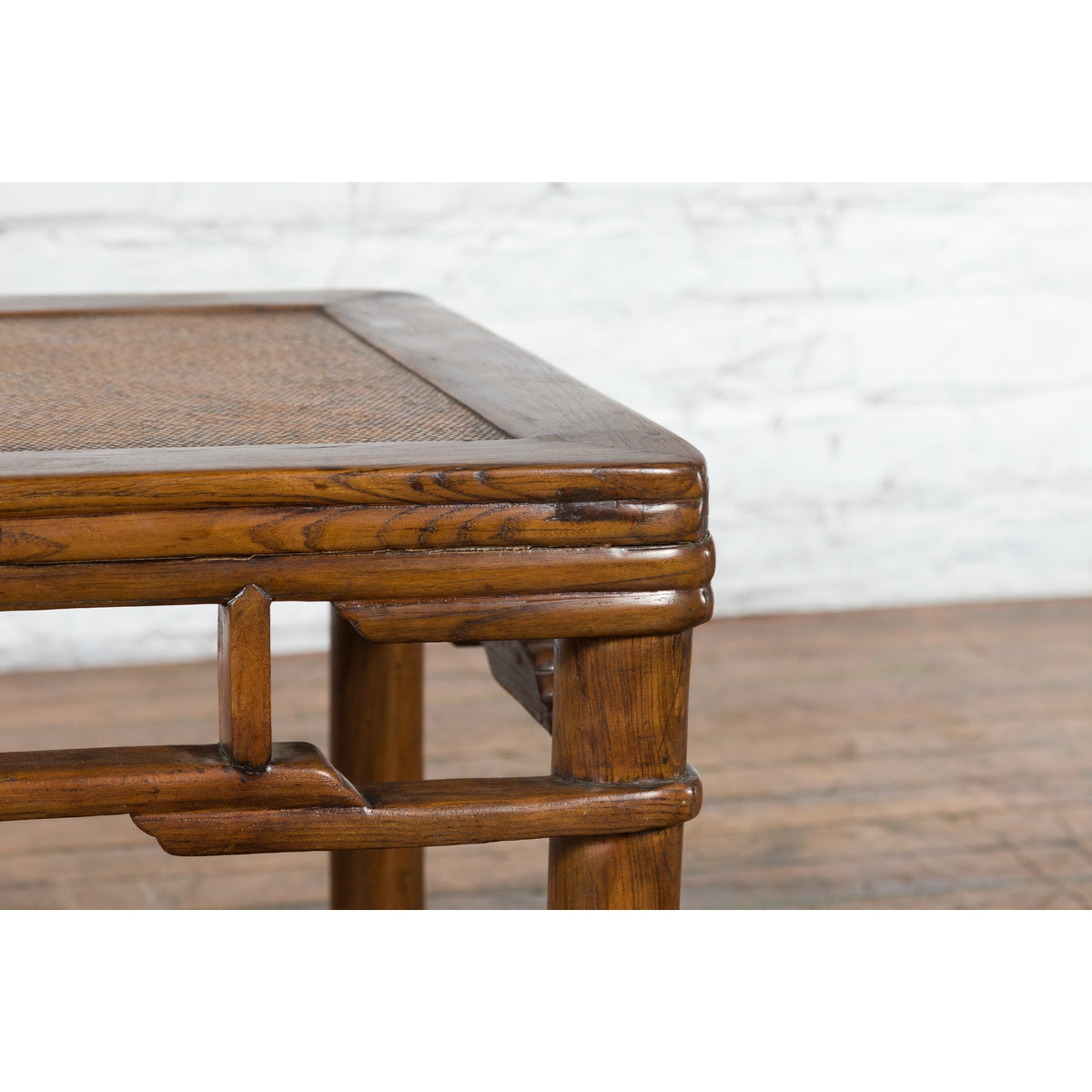 Chinese Qing Dynasty Early 20th Century Elmwood Side Table with Woven Rattan Top-7. Asian & Chinese Furniture, Art, Antiques, Vintage Home Décor for sale at FEA Home