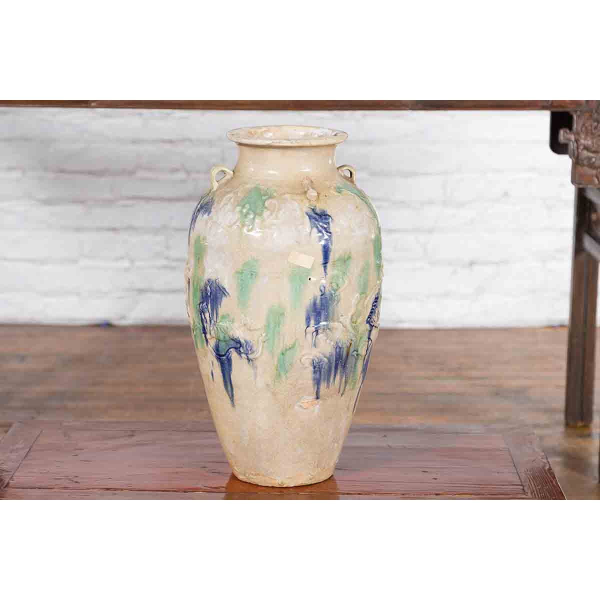 Antique Annamese 19th Century Storage Vessel with Green and Blue Glazed Effects-12. Asian & Chinese Furniture, Art, Antiques, Vintage Home Décor for sale at FEA Home