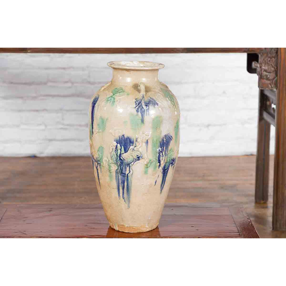 Antique Annamese 19th Century Storage Vessel with Green and Blue Glazed Effects-13. Asian & Chinese Furniture, Art, Antiques, Vintage Home Décor for sale at FEA Home