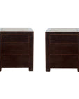 Black lacquer antique Chinese bedside cabinets with Ming Dynasty tops, two drawers each, on white background.